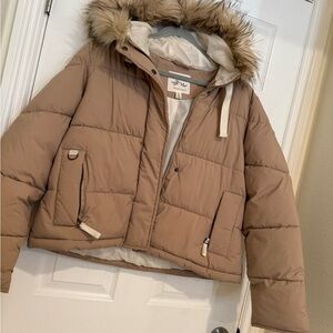 Kids Brown Puffer Jacket with Faux Fur Hood